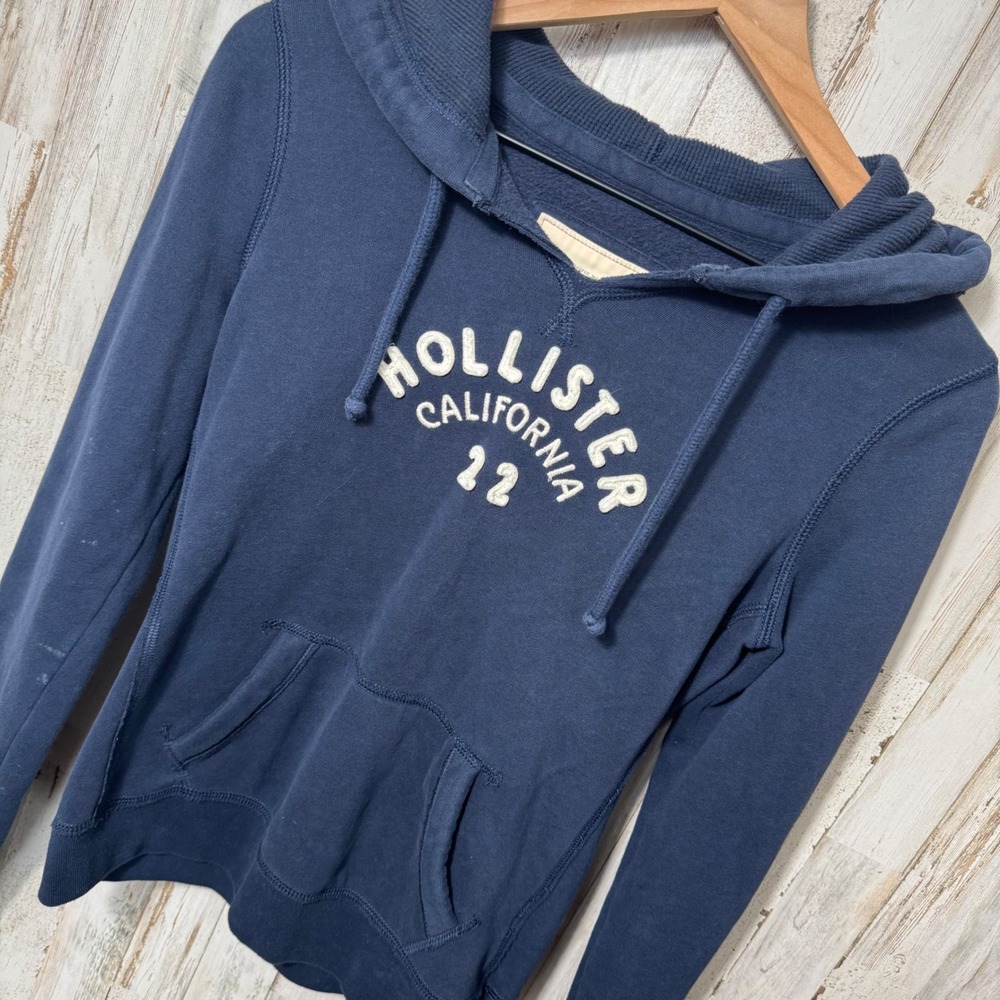 Vintage Y2K Hollister Navy Blue White Embroidered Hoodie Womens Medium - Picture 2 of 7